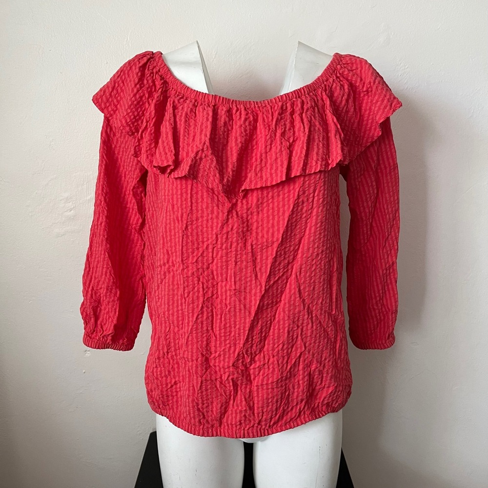Michael Michael Kors Red Seersucker Ruffle Off Shoulder Top Large